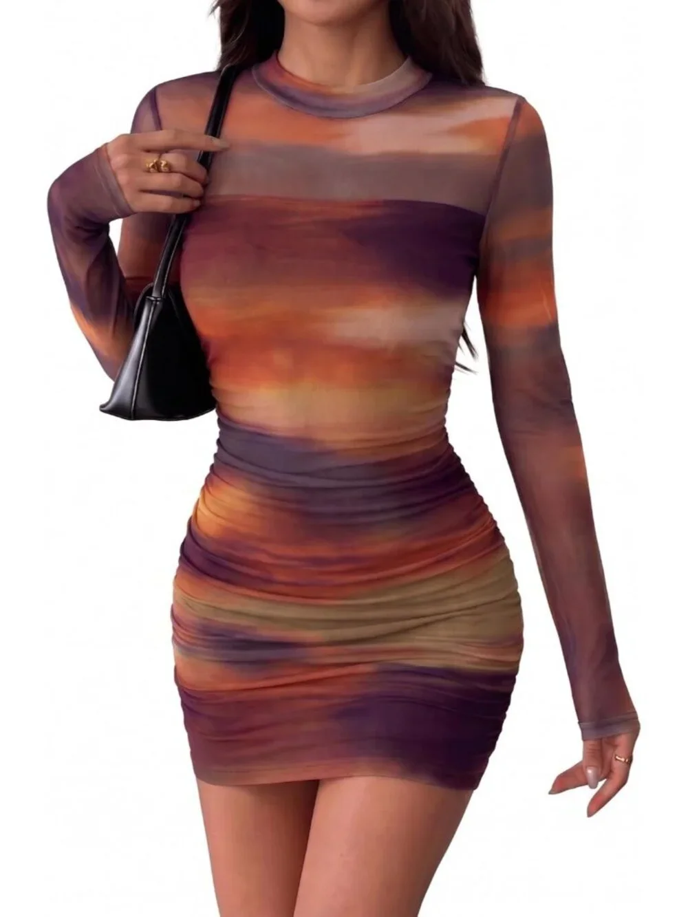 👗 Women's Brown2 Mesh Sheer Long Sleeves Dress Ruched Bodycon Mock Neck Dress